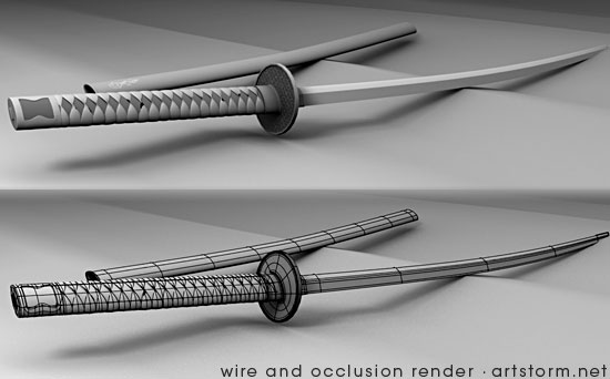 Katana Sword Process Katana Sword - Wire and Occlusion Render