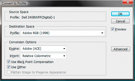 Photoshop Convert Profile Convert from my monitor specific profile to a standard color space.