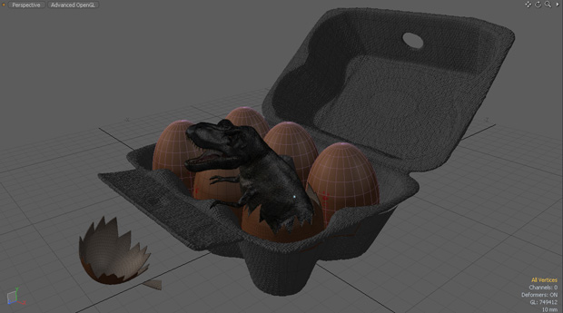 Dinochicken Wires The dinochicken scene inside modo
