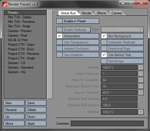 Render Presets Screenshot Render Presets for LightWave 3D